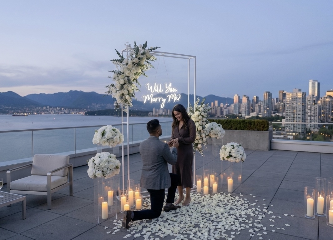 Classic white frame proposal with neon sign man on one knee at dusk overlooking Vancouver skyline