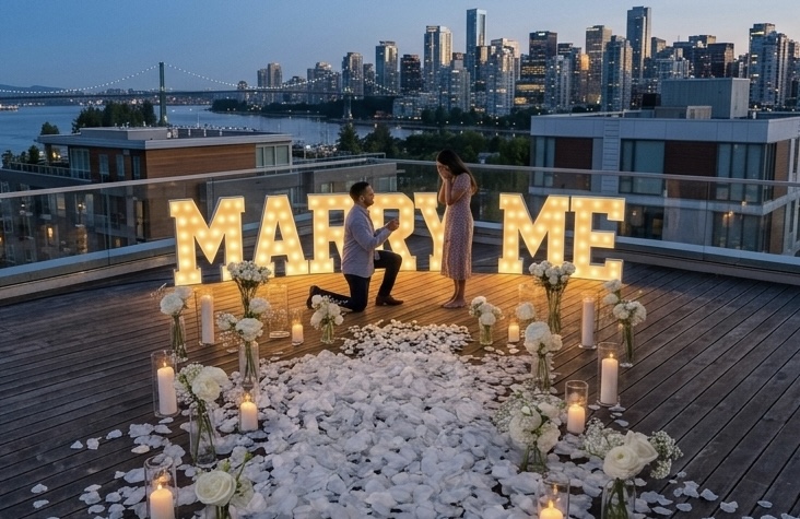 Signature rooftop MARRY ME illuminated letters proposal with Vancouver skyline at dusk